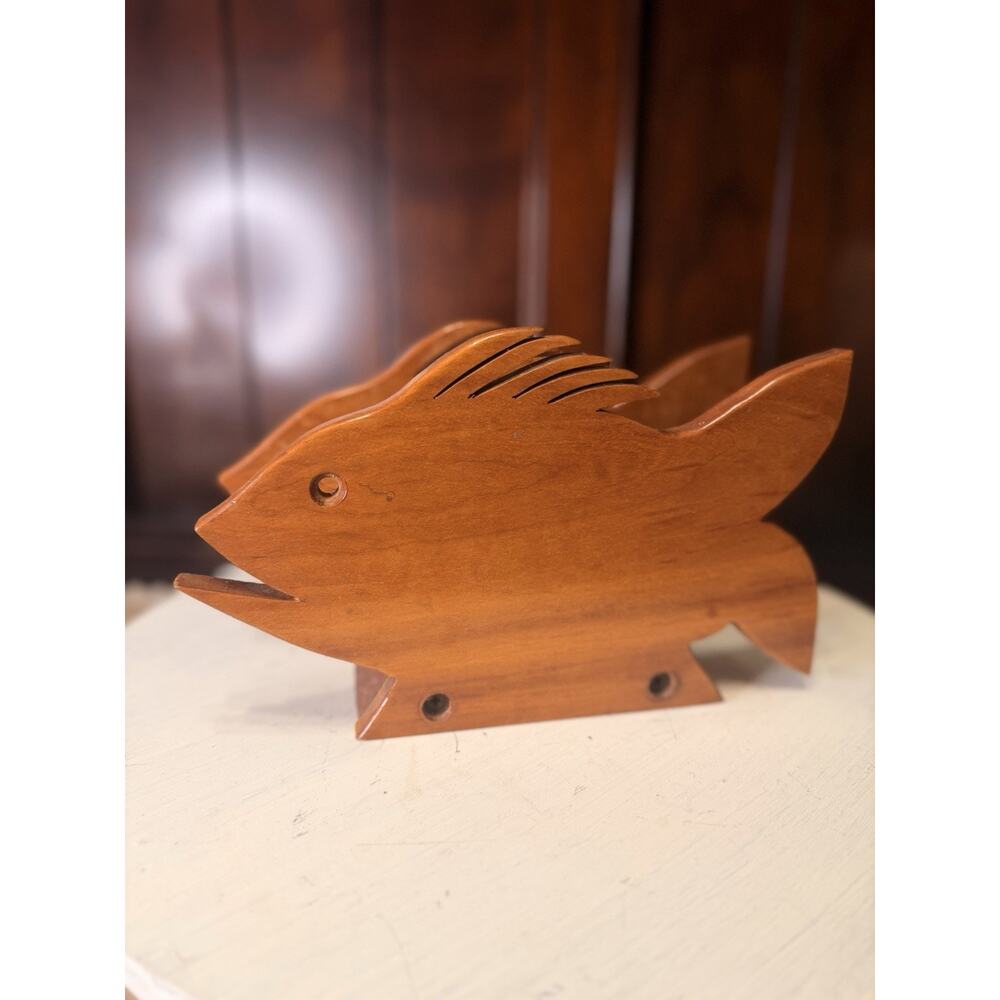 MCM Vintage Wooden Fish Napkin Holder 9x3 Nautical Beach Decor Kitchen